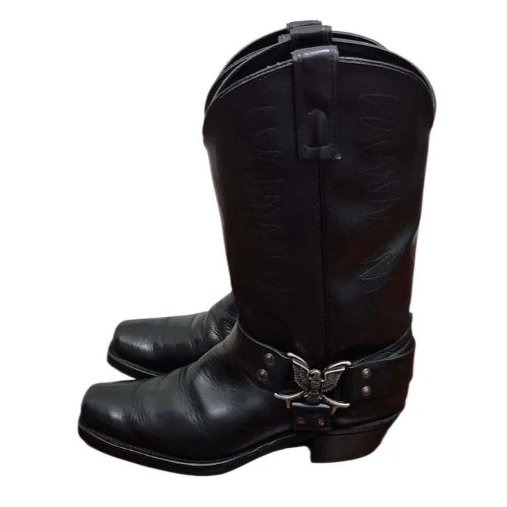 Texas USA Made Black Leather Western Harness Boots Eagle Detail Men’s 9